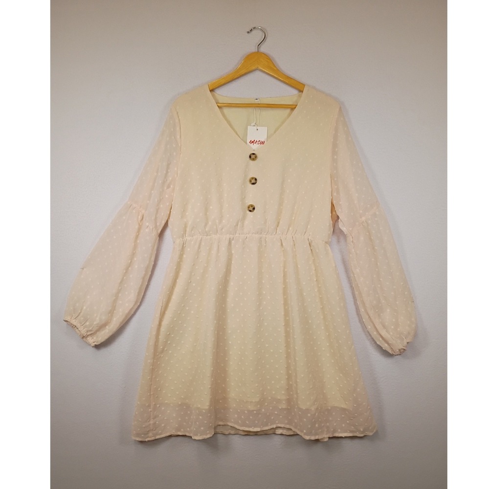 Cottagecore Amasoo Womens XL Cream Swiss Dot Long Sleeve V-Neck Mini Dress